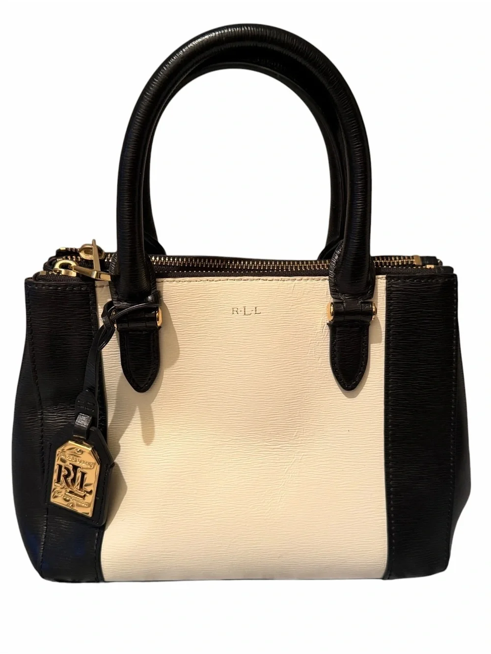 Ralph Lauren Newberey Double Zip Two-Tone Satchel in Black & Vanilla